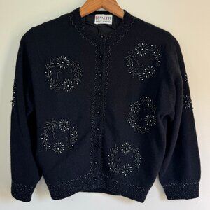 Vintage 1950s Wool Black/Gray-beaded Crewneck Cardigan